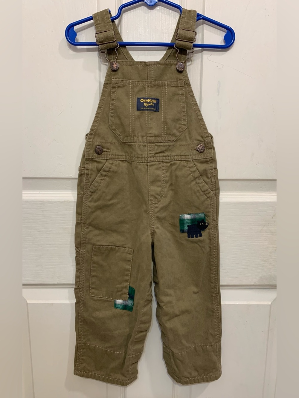 OshKosh B'gosh Khaki Twill Navy Green Plaid 18 Months Overalls 3897